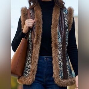 City Girl Brand Nancy Bolen Faux Fur Animal Print Patchwork Vest Medium Vintage